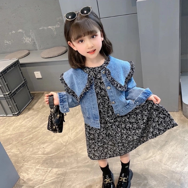 Mädchen Denim Jacke mit Blumenkleid – Charmantes Set für Kinder mit Rüschenkragen