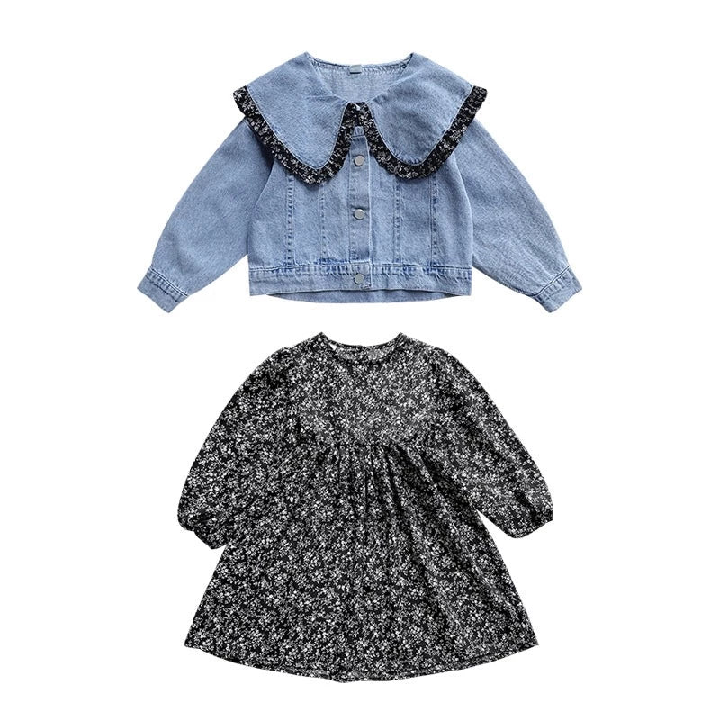 Mädchen Denim Jacke mit Blumenkleid – Charmantes Set für Kinder mit Rüschenkragen