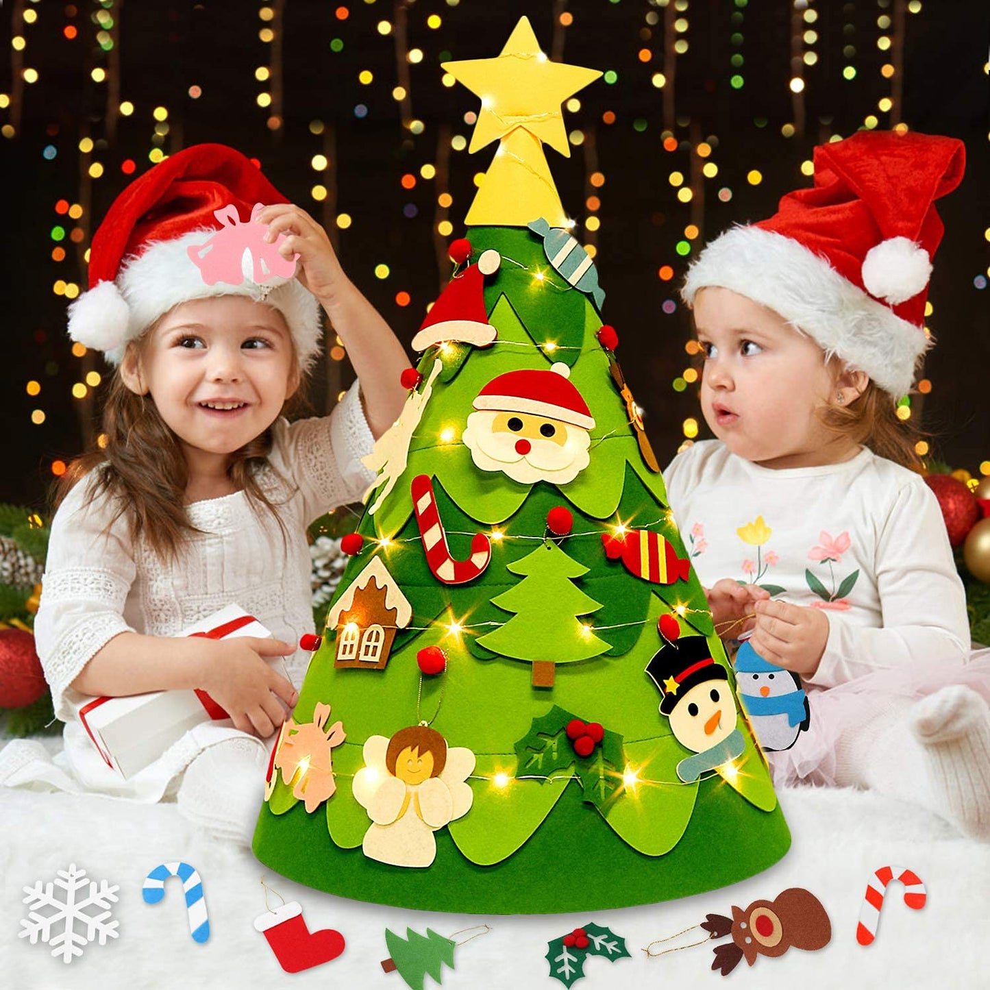 Filz Weihnachtsbaum mit Lichterkette im Montessori-Stil