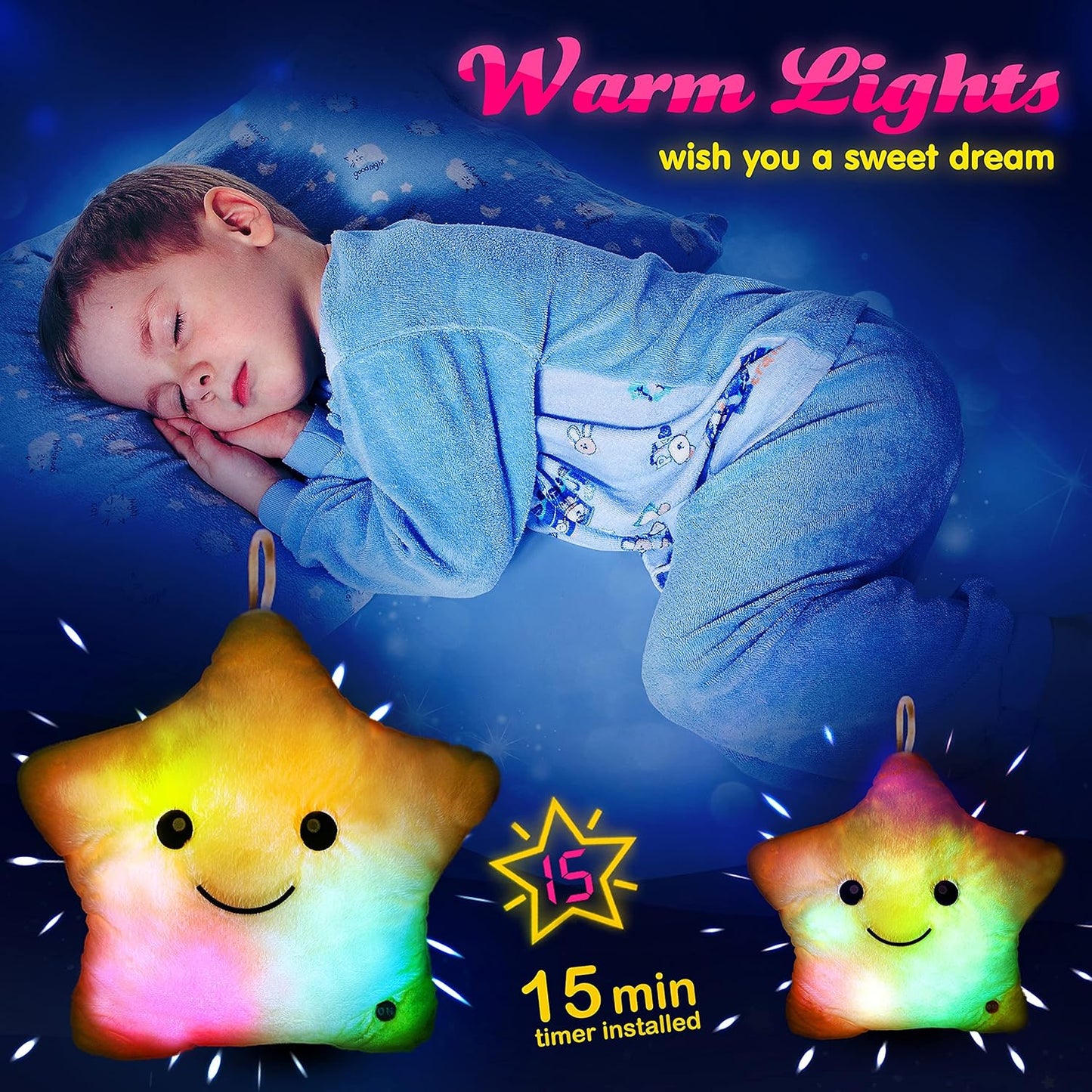 Leuchtendes LED-Kuschelkissen für Kinder – Sternen-Design
