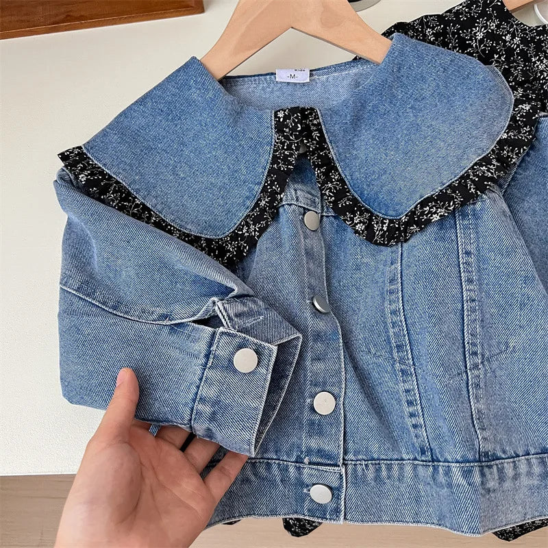 Mädchen Denim Jacke mit Blumenkleid – Charmantes Set für Kinder mit Rüschenkragen