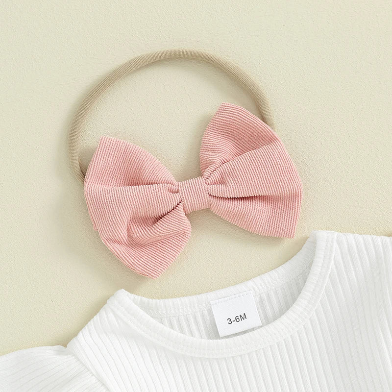 Niedliches Mädchen Outfit Set – Langarmshirt mit Rüschen, Rock mit Schleifen und passendem Haarband