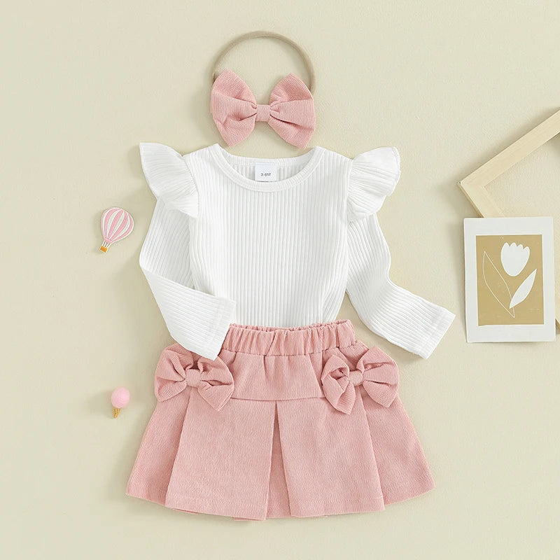 Niedliches Mädchen Outfit Set – Langarmshirt mit Rüschen, Rock mit Schleifen und passendem Haarband