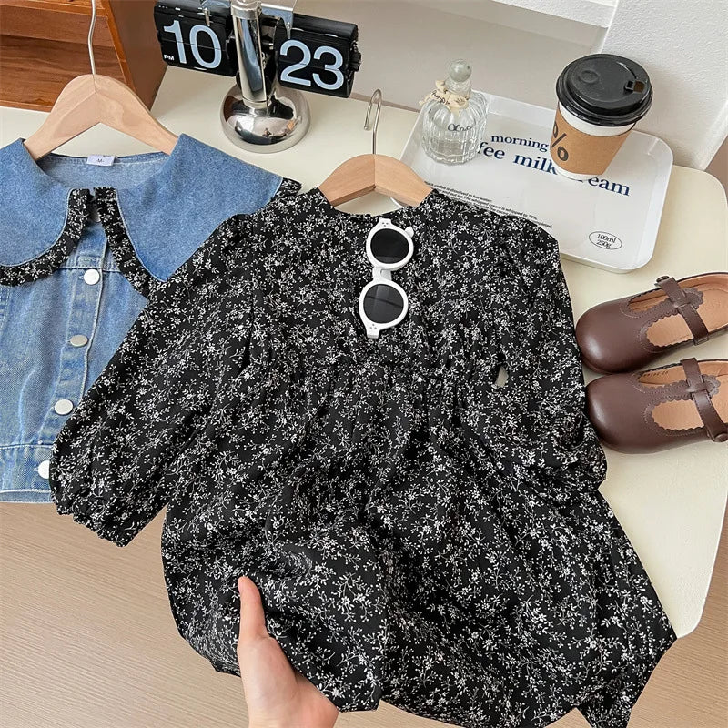 Mädchen Denim Jacke mit Blumenkleid – Charmantes Set für Kinder mit Rüschenkragen