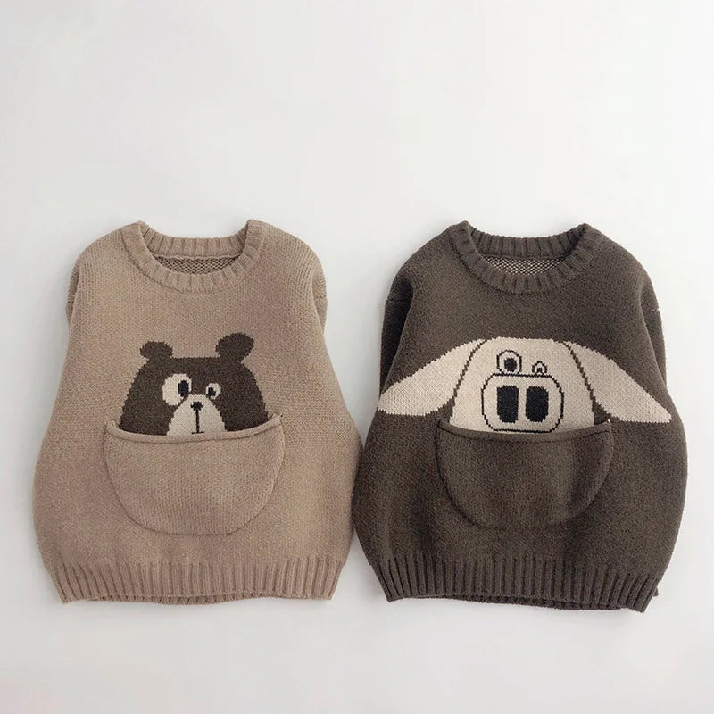 Kuschelweicher Strick-Baby-Pullover mit Tierdesign – Bequemer Kinderpullover mit praktischer Tasche
