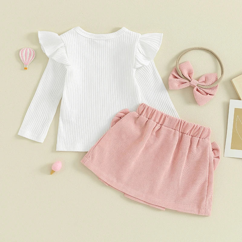 Niedliches Mädchen Outfit Set – Langarmshirt mit Rüschen, Rock mit Schleifen und passendem Haarband