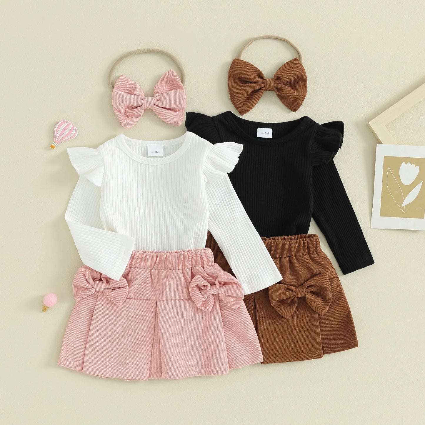 Niedliches Mädchen Outfit Set – Langarmshirt mit Rüschen, Rock mit Schleifen und passendem Haarband