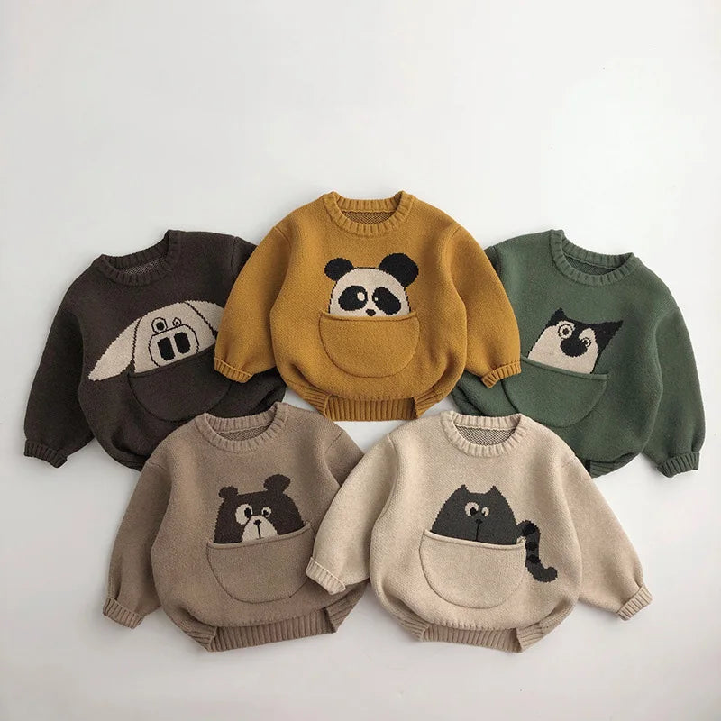 Kuschelweicher Strick-Baby-Pullover mit Tierdesign – Bequemer Kinderpullover mit praktischer Tasche