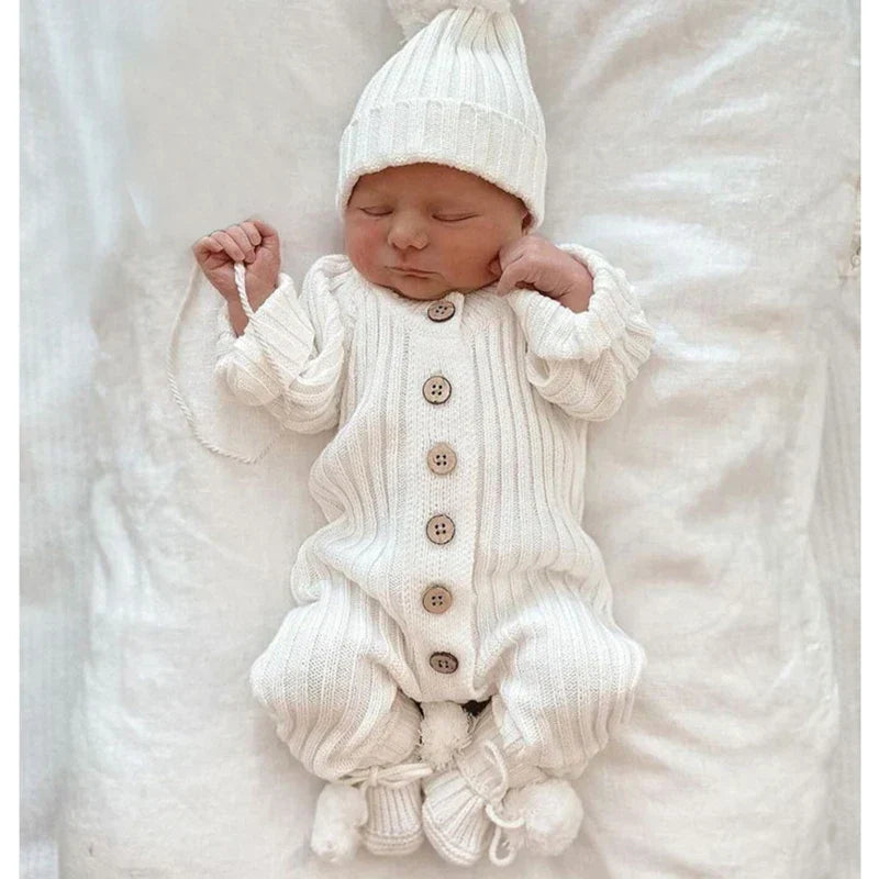 Bequemer Strick-Baby-Overall – Kuscheliger Spielanzug mit Knopfverschluss für Neugeborene