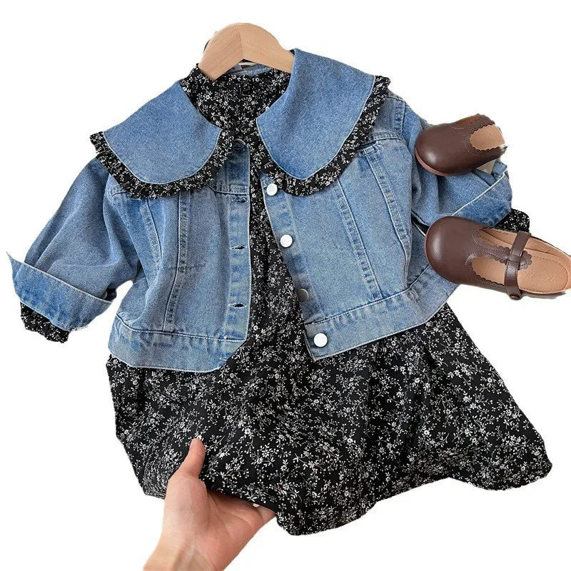 Mädchen Denim Jacke mit Blumenkleid – Charmantes Set für Kinder mit Rüschenkragen