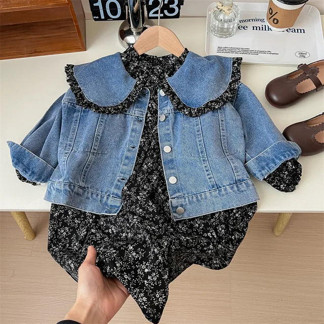 Mädchen Denim Jacke mit Blumenkleid – Charmantes Set für Kinder mit Rüschenkragen