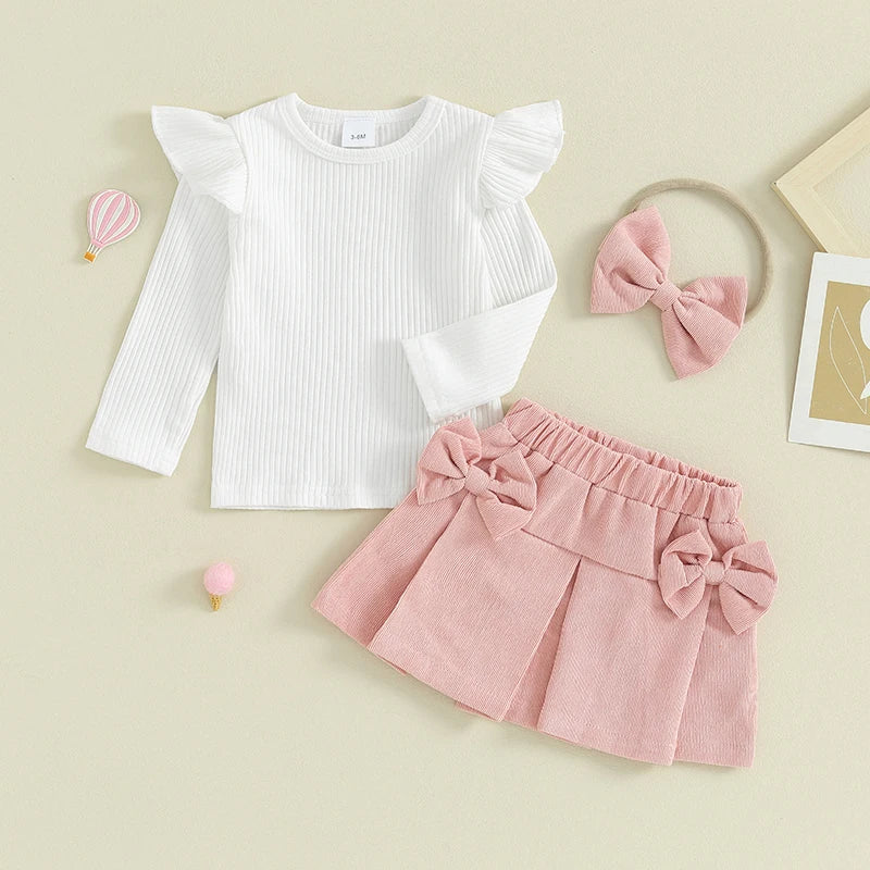 Niedliches Mädchen Outfit Set – Langarmshirt mit Rüschen, Rock mit Schleifen und passendem Haarband