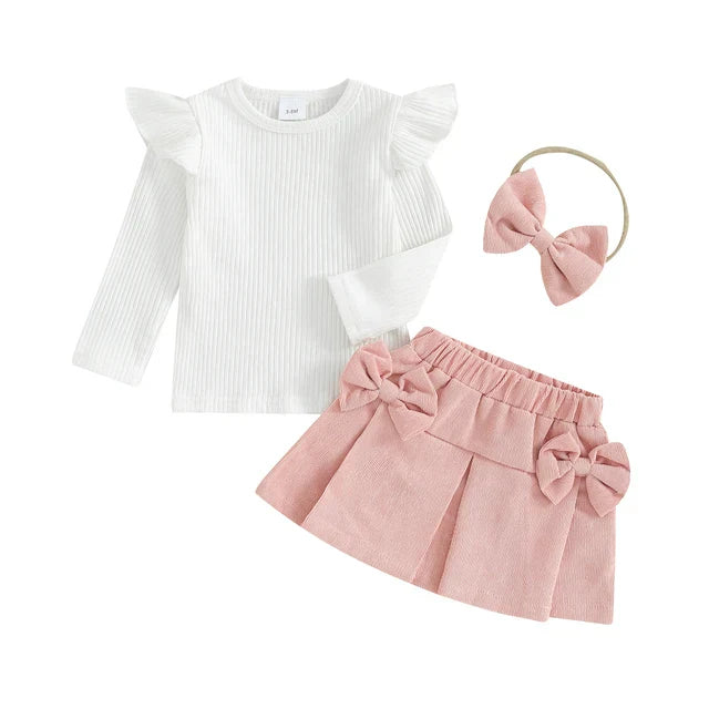 Niedliches Mädchen Outfit Set – Langarmshirt mit Rüschen, Rock mit Schleifen und passendem Haarband