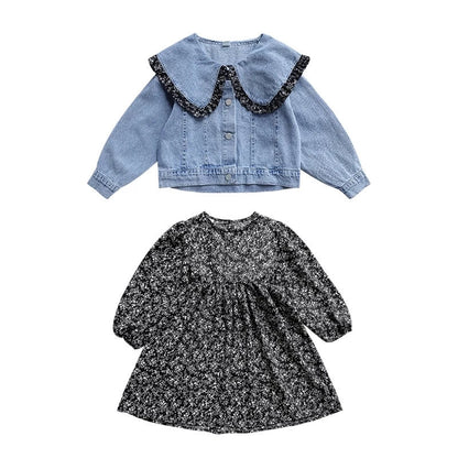 Mädchen Denim Jacke mit Blumenkleid – Charmantes Set für Kinder mit Rüschenkragen