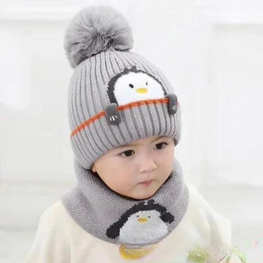 Kuscheliges Pinguin-Set – Strickmütze und Schal für Kinder