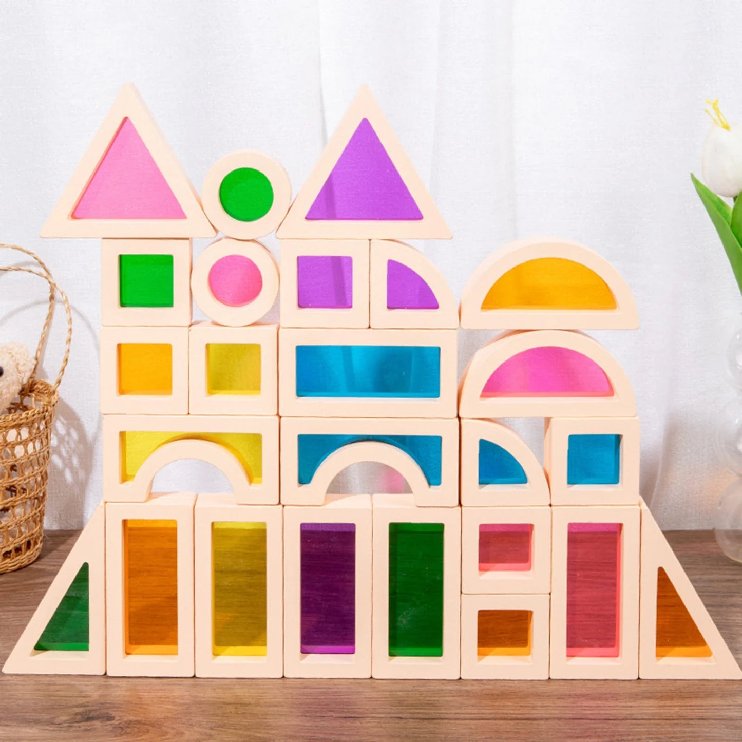 Montessori Holzbausteine mit buntem Kern – Kreatives Lernspielzeug für Kinder