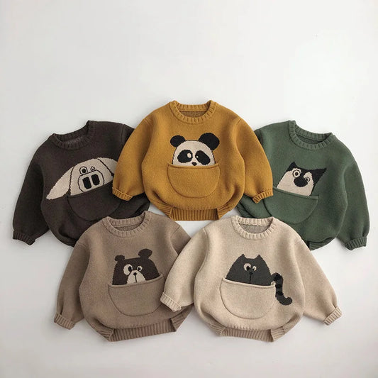 Kuschelweicher Strick-Baby-Pullover mit Tierdesign – Bequemer Kinderpullover mit praktischer Tasche