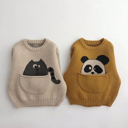 Kuschelweicher Strick-Baby-Pullover mit Tierdesign – Bequemer Kinderpullover mit praktischer Tasche