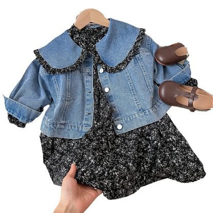 Mädchen Denim Jacke mit Blumenkleid – Charmantes Set für Kinder mit Rüschenkragen