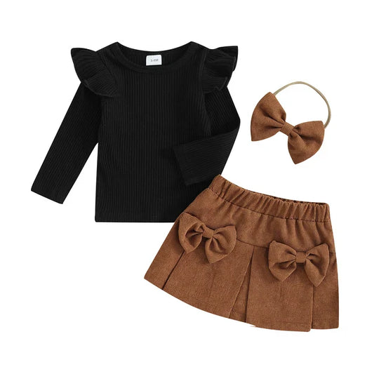 Niedliches Mädchen Outfit Set – Langarmshirt mit Rüschen, Rock mit Schleifen und passendem Haarband