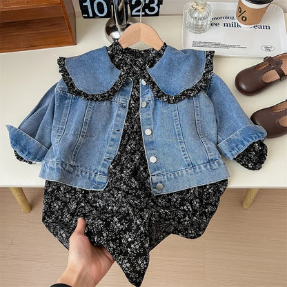 Mädchen Denim Jacke mit Blumenkleid – Charmantes Set für Kinder mit Rüschenkragen